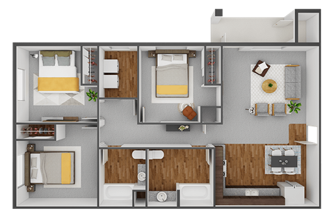 A floor plan of a 3 bedroom apartment with virtual staging.at Canyon View, Lewiston, 99336